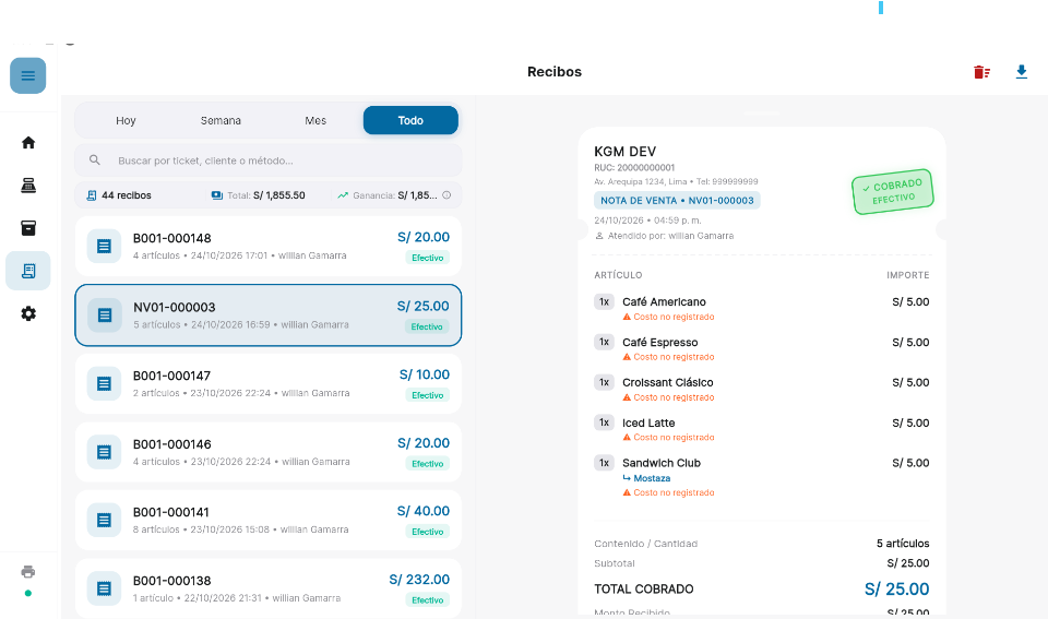 Vista de recibos con ventas y detalle del comprobante